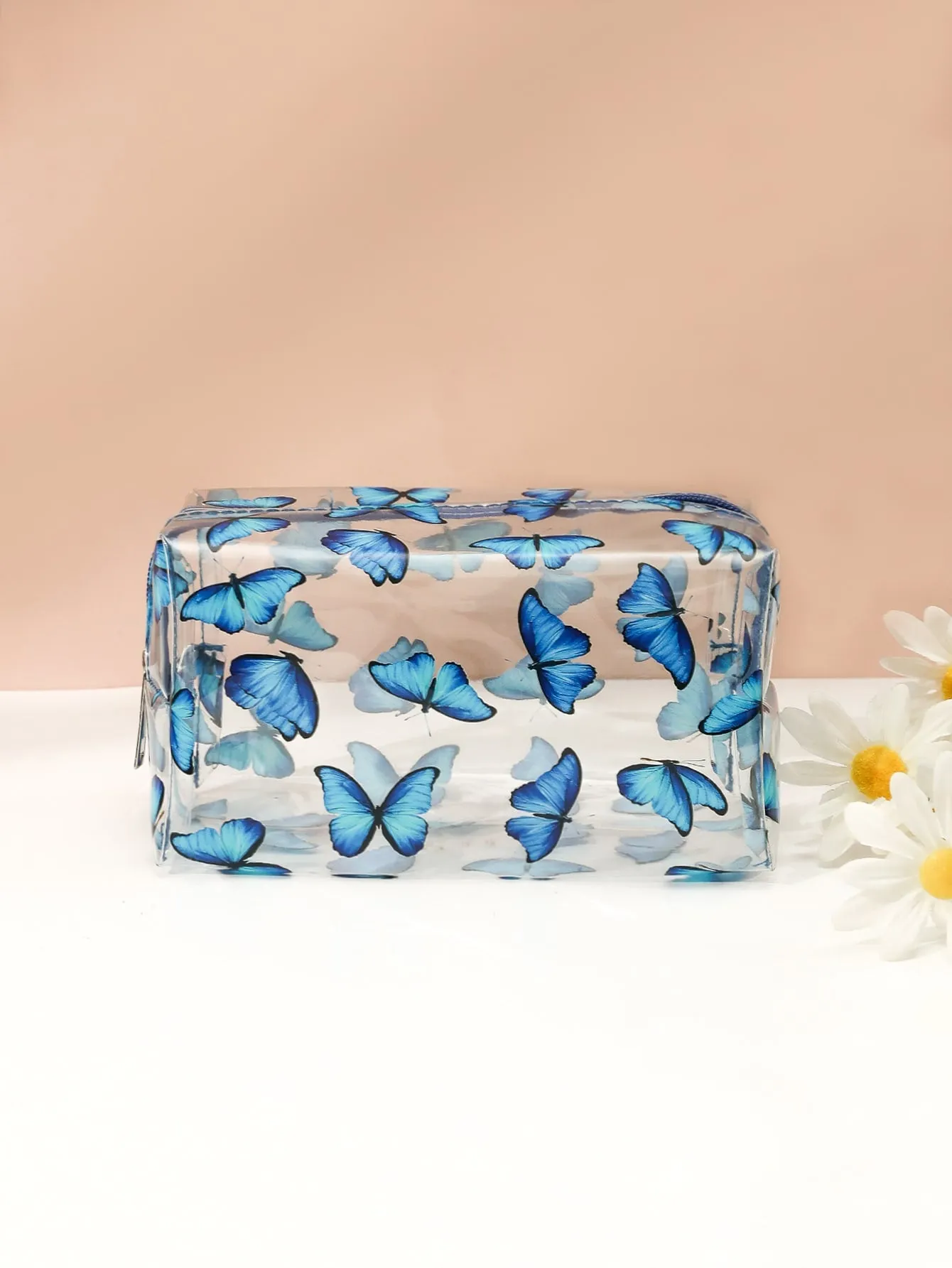 Blue Butterfly Square Makeup Bag Cosmetic Organizer Toiletries Bag Makeup