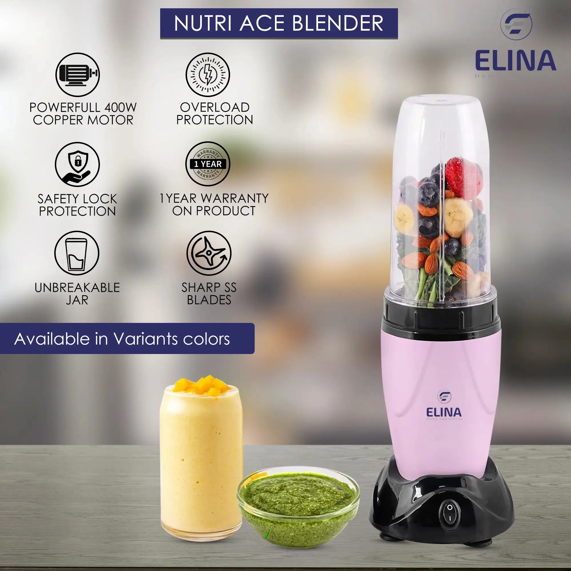 Elina Nutri ACE Mixer Grinder, Blender 450-watt Copper Motor, 2 Jars, Stainless Steel Blades, Raspberry Pink