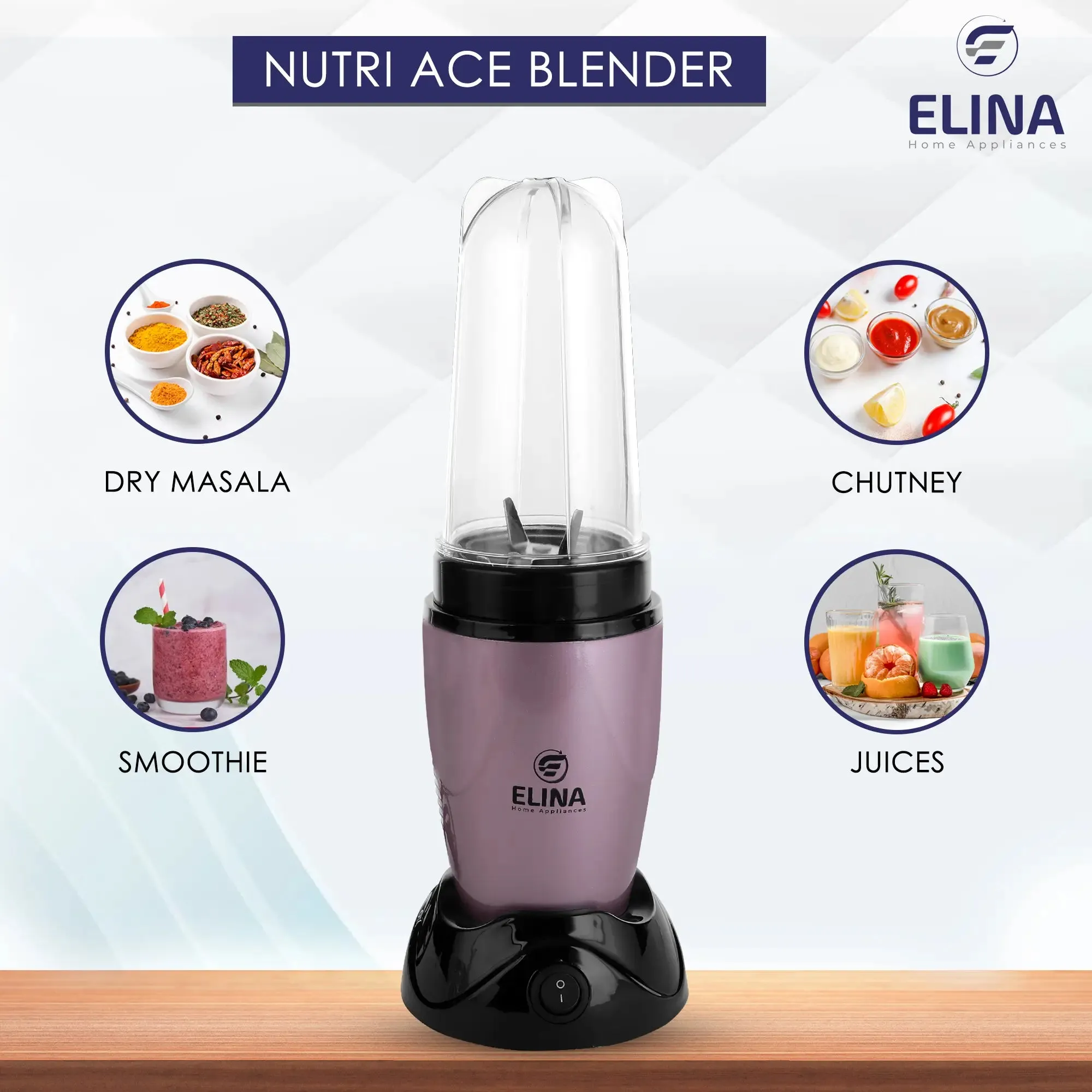 Elina Nutri ACE Mixer Grinder, Blender 450-watt Copper Motor, 2 Jars, Stainless Steel Blades, Raspberry Pink