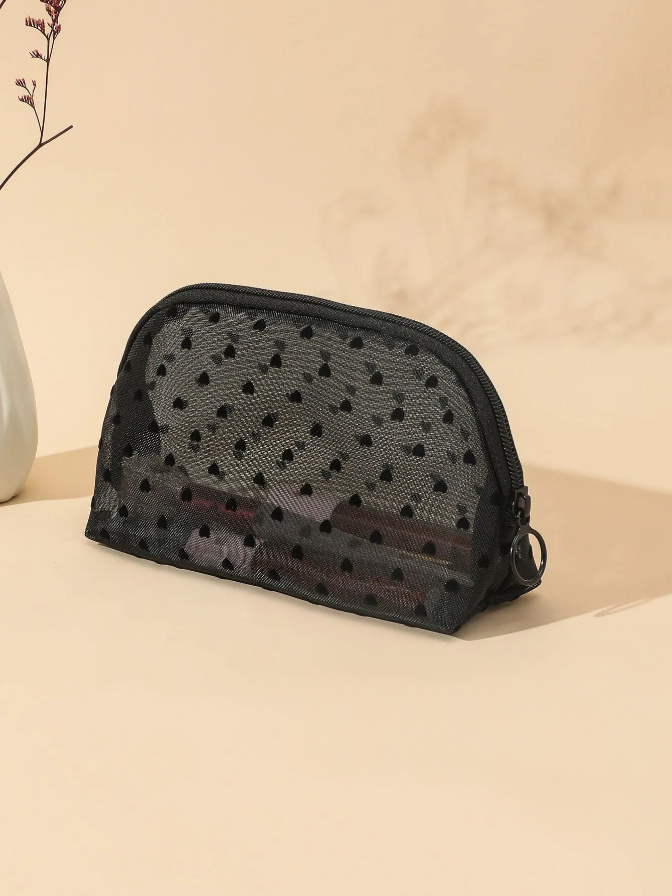 Heart Print Mesh Roundtop Makeup Bag Cosmetic Organizer Toiletries Bag Makeup