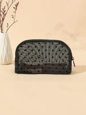 Heart Print Mesh Roundtop Makeup Bag Cosmetic Organizer Toiletries Bag Makeup