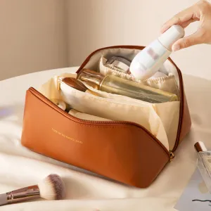 realaiot  1pc Large Capacity Travel Cosmetic Bag For Women Makeup Travel Bag Open Flat Waterproof PU Leather Skincare Bag Portable Toiletry Bag Big Makeup Bag Organizer For Travel Home