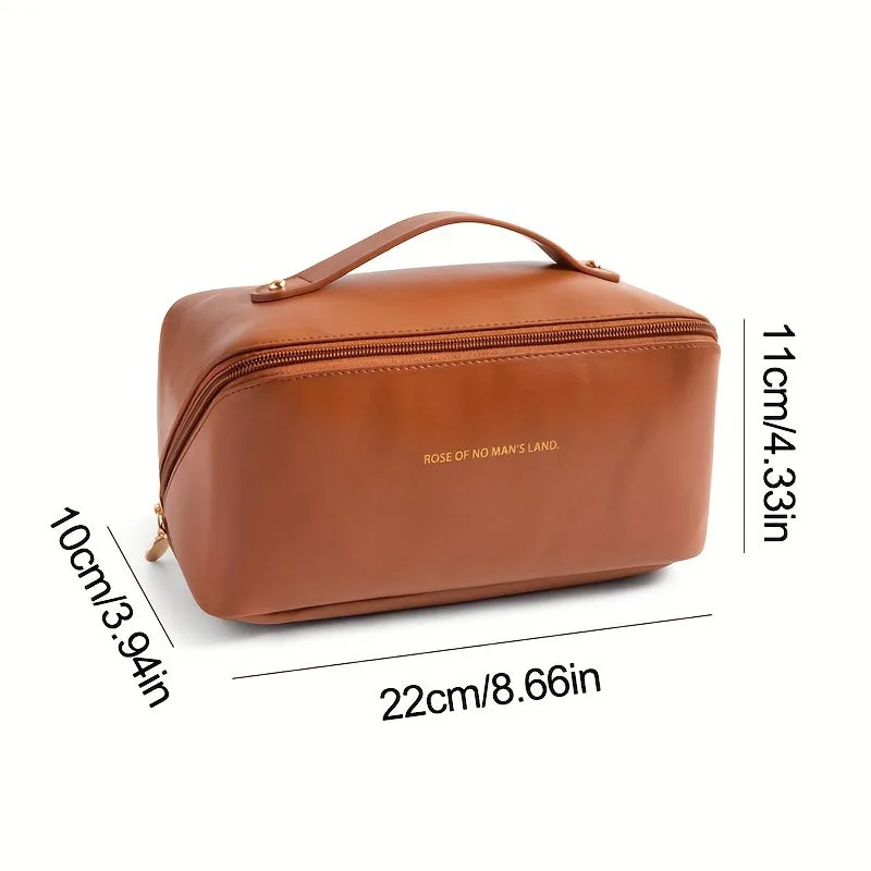 realaiot  1pc Large Capacity Travel Cosmetic Bag For Women Makeup Travel Bag Open Flat Waterproof PU Leather Skincare Bag Portable Toiletry Bag Big Makeup Bag Organizer For Travel Home