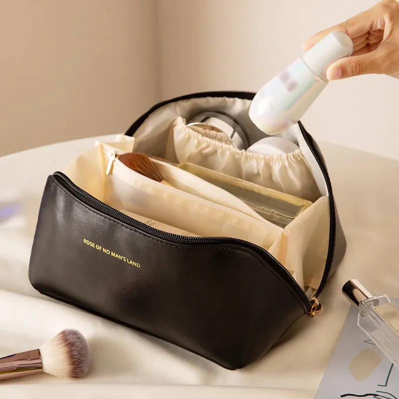 realaiot  1pc Large Capacity Travel Cosmetic Bag For Women Makeup Travel Bag Open Flat Waterproof PU Leather Skincare Bag Portable Toiletry Bag Big Makeup Bag Organizer For Travel Home