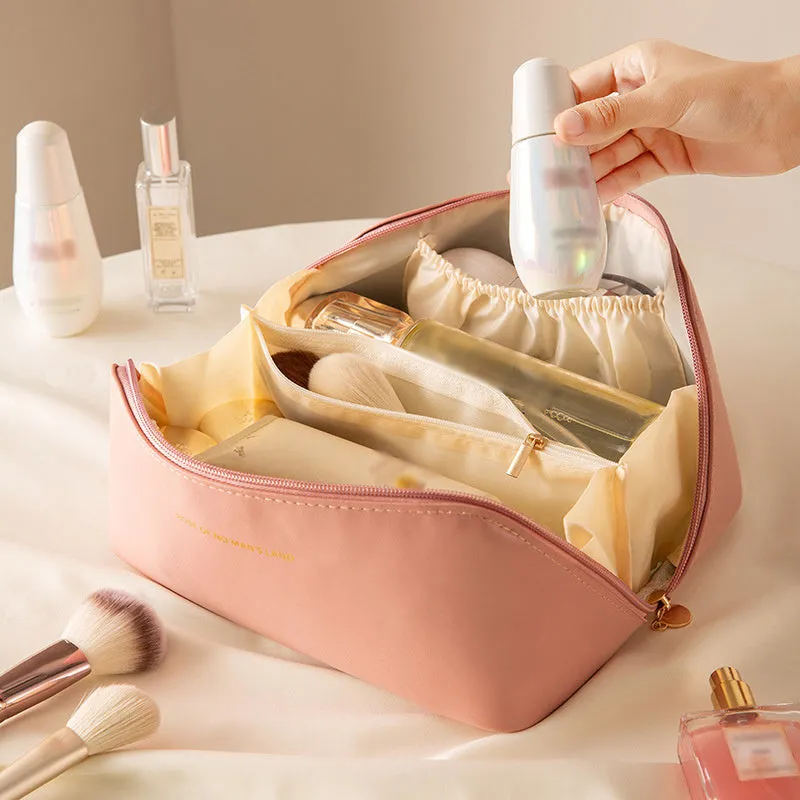 realaiot  1pc Large Capacity Travel Cosmetic Bag For Women Makeup Travel Bag Open Flat Waterproof PU Leather Skincare Bag Portable Toiletry Bag Big Makeup Bag Organizer For Travel Home