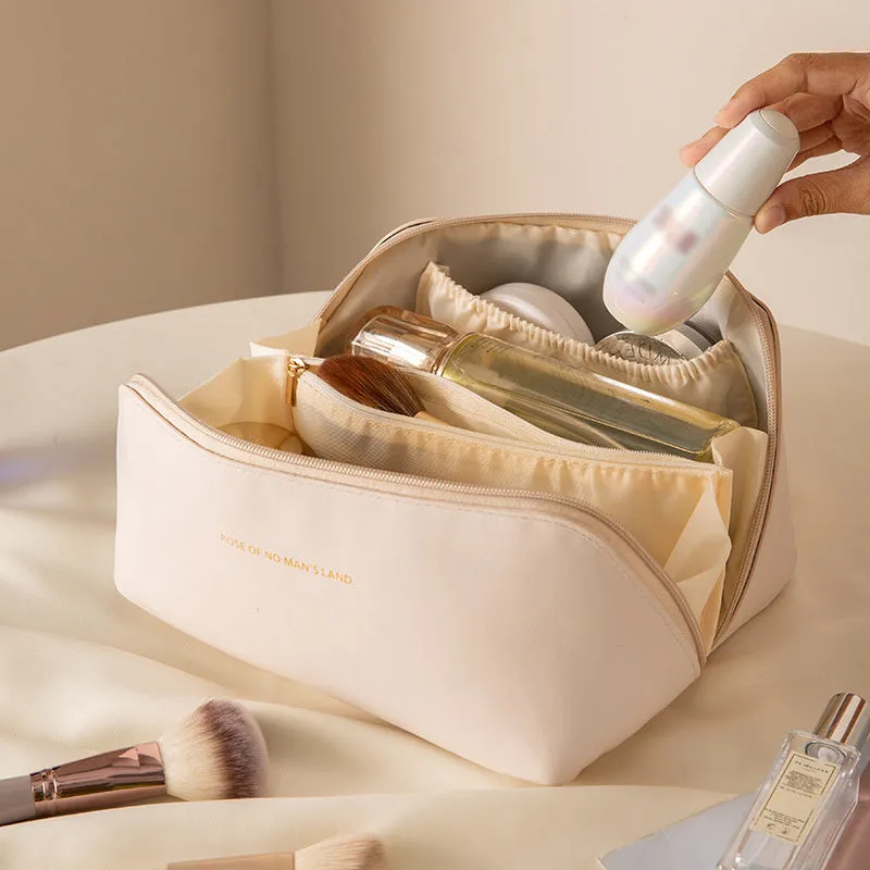 realaiot  1pc Large Capacity Travel Cosmetic Bag For Women Makeup Travel Bag Open Flat Waterproof PU Leather Skincare Bag Portable Toiletry Bag Big Makeup Bag Organizer For Travel Home