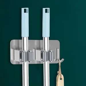 Wall Mounted Adhesive Stainless Steel Mop and Broom Holder, (2 racks and 1 Hooks) (Silver)