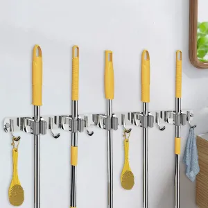 Wall Mounted Stainless Steel Mop and Broom Holder, (5 racks and 6 Hooks) (Silver)